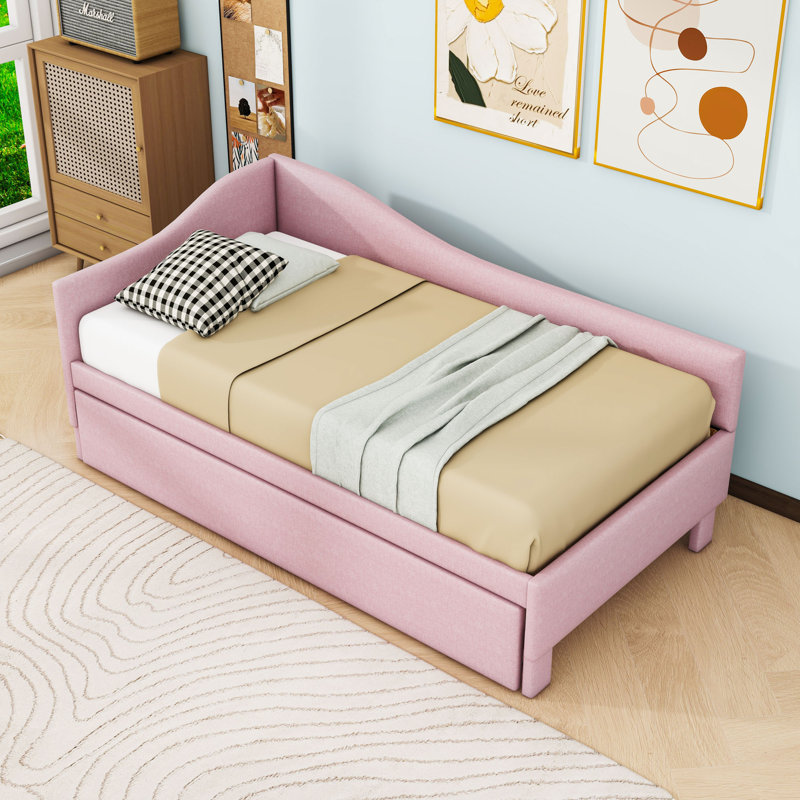 Upholstered Twin L-Shaped Daybed with Pop-Up Twin Trundle, Convertible Twin to King, Pink