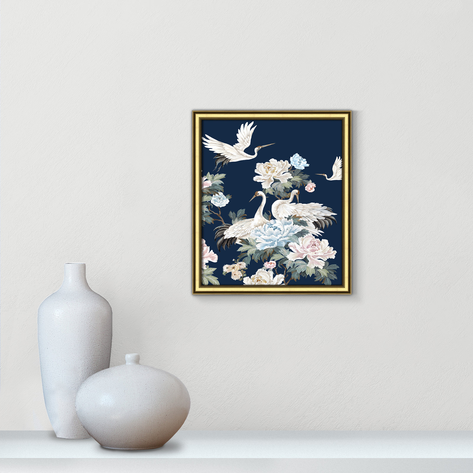 Danbury "Pearly White Cranes II" Painting, 16.25" H x 14.25" W x 0.88" D, Gold