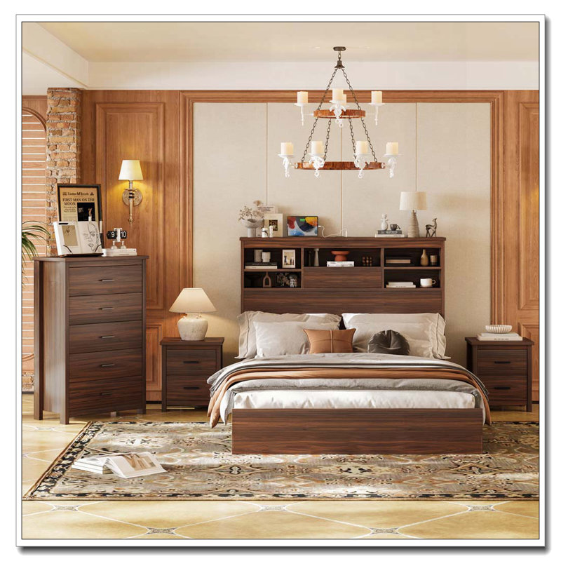 Ensemble de chambre à coucher 4 pièces, base de lit grand en bois avec tête de rangement et station de charge, 2 tables de chevet avec 2 tiroirs, 1 commode avec 5 tiroirs, noyer (ancien SKU HL000102AAD)