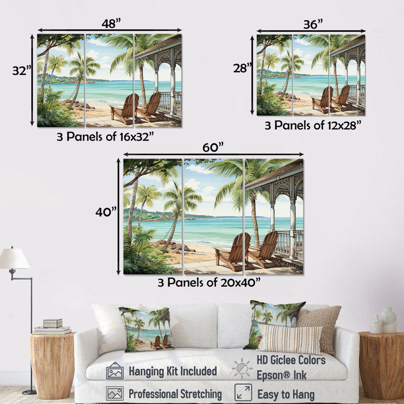 «Island Serenity Chairs By The Beach» - art mural bord de mer tropical, H 40 po x l 60 po x P 1 po, Toile tendue