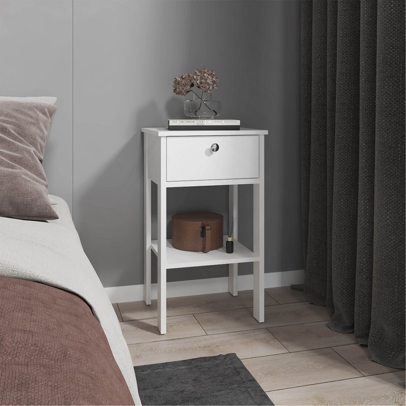 Table de chevet, 1 tiroir, 1 tablette, 4 pieds, blanc, Blanc