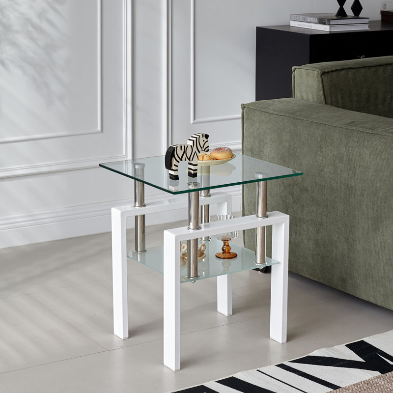Table d'appoint en verre trempé avec rangement à 2 couches, conception carrée, surface lisse pour faciliter la désinfection, 2 pièces de décoration pour l'entretien du salon