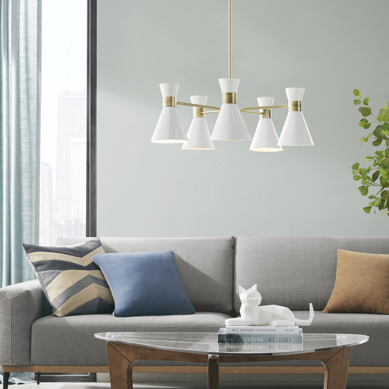Ezra Mid-Century 5-Light Chandelier in Antique Brass with White Shades