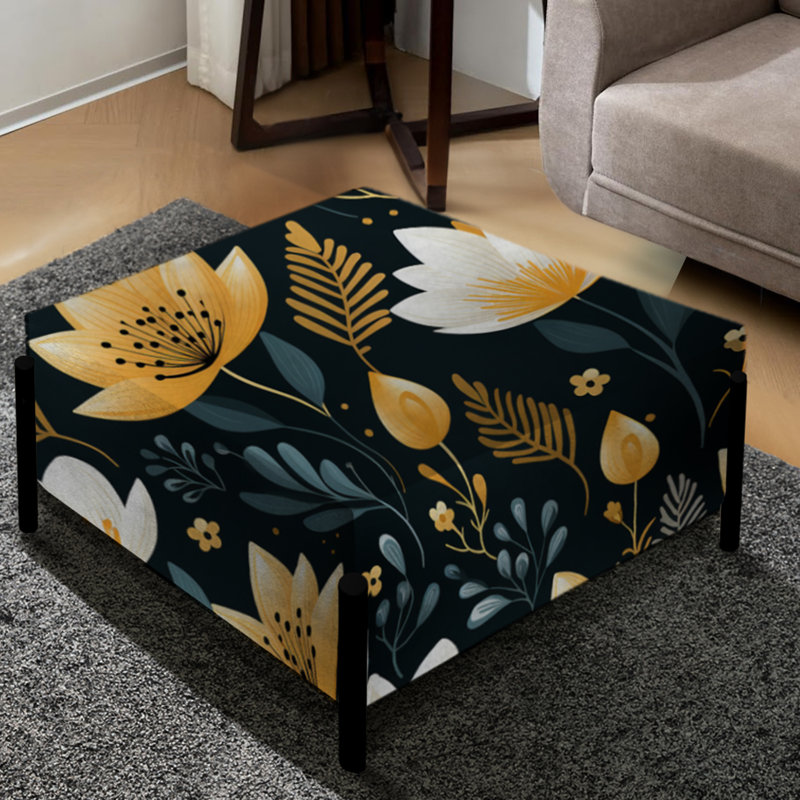 Motif floral noir et jaune Meadow - Grand repose-pieds carré floral