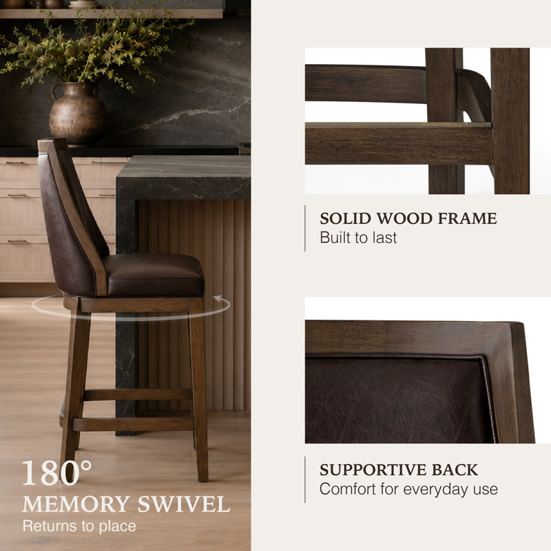 Maven Lane Vienna Swivel Stool with Faux Leather Upholstery, Counter Stool (26” Seat Height), Walnut