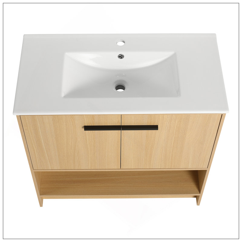 Meuble-lavabo polyvalent avec lavabo en céramique, 2 portes à fermeture douce, meuble-lavabo autoportant, contreplaqué, 36"