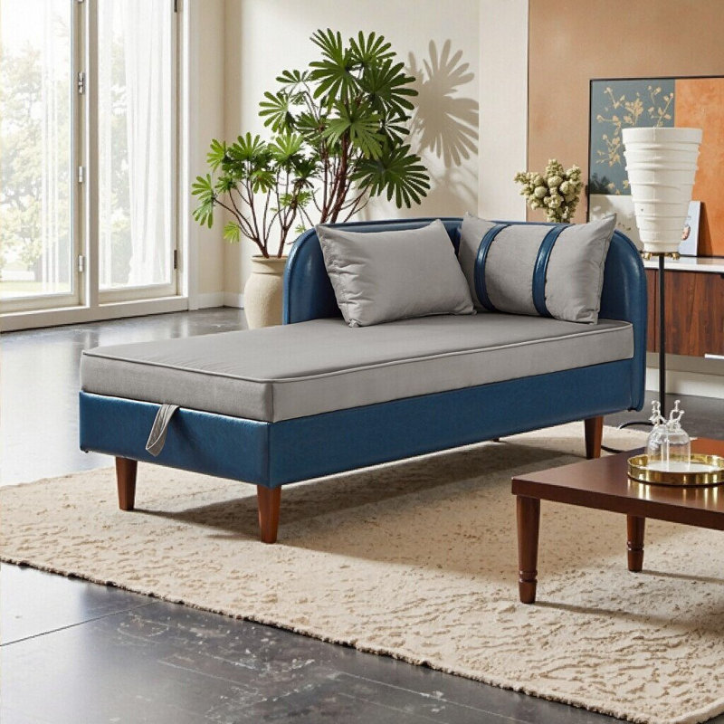 Canapé de rangement de 65 pouces avec coussin en mousse et structure en bois, Bleu + gris