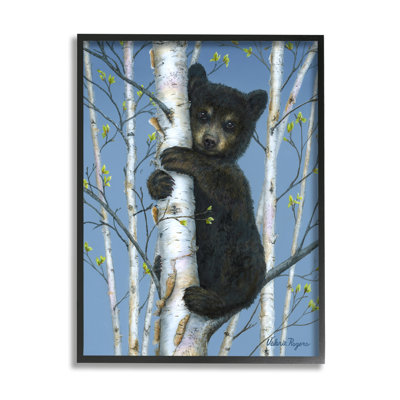 Ourson grimpant sur un bouleau encadré sur bois par Valerie Rogers, peinture