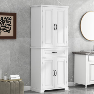 kleankin Freestanding Bathroom Storage Cabinet Organizer Floor Tower with 2 Door 2 Drawers Adjustable Shelf Grey