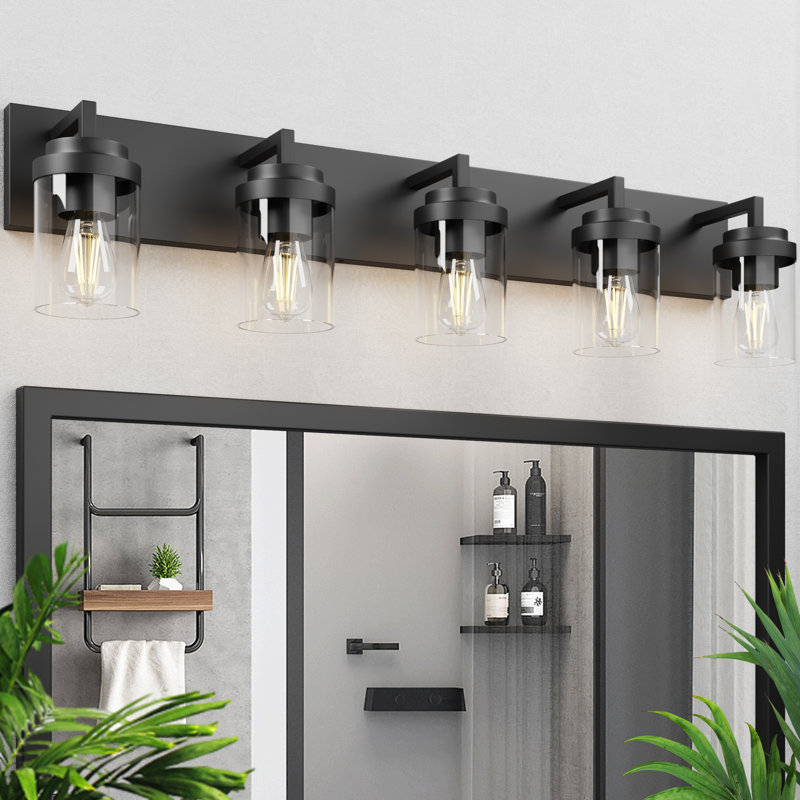 Éclairage pour meuble-lavabo de salle de bain avec abat-jour en verre, Transparent, Noir mat, 5