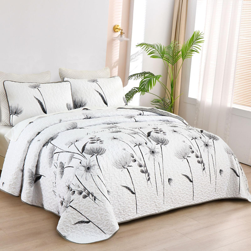 3 Pieces Floral Quilt Set Lightweight Farmhouse Style Coverlet Sets For All Season, Gray, King Quilt + 2 King Shams