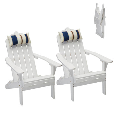 Tilsworth Wood Folding Adirondack Chair with Pillow for Outdoor Yard, Garden, White by Highland Dunes