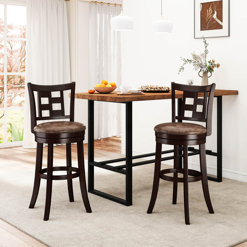 Set Of Bar Stools Swivel Bar Chairs With Footrest, Lattice Backrest, 2, Bar Stool (30” Seat Height)