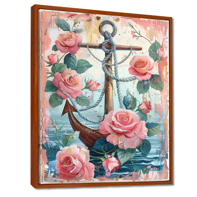 Ancre de pirate rose et vert avec roses roses II - décoration murale bord de mer, Toile avec cadre flottant brun