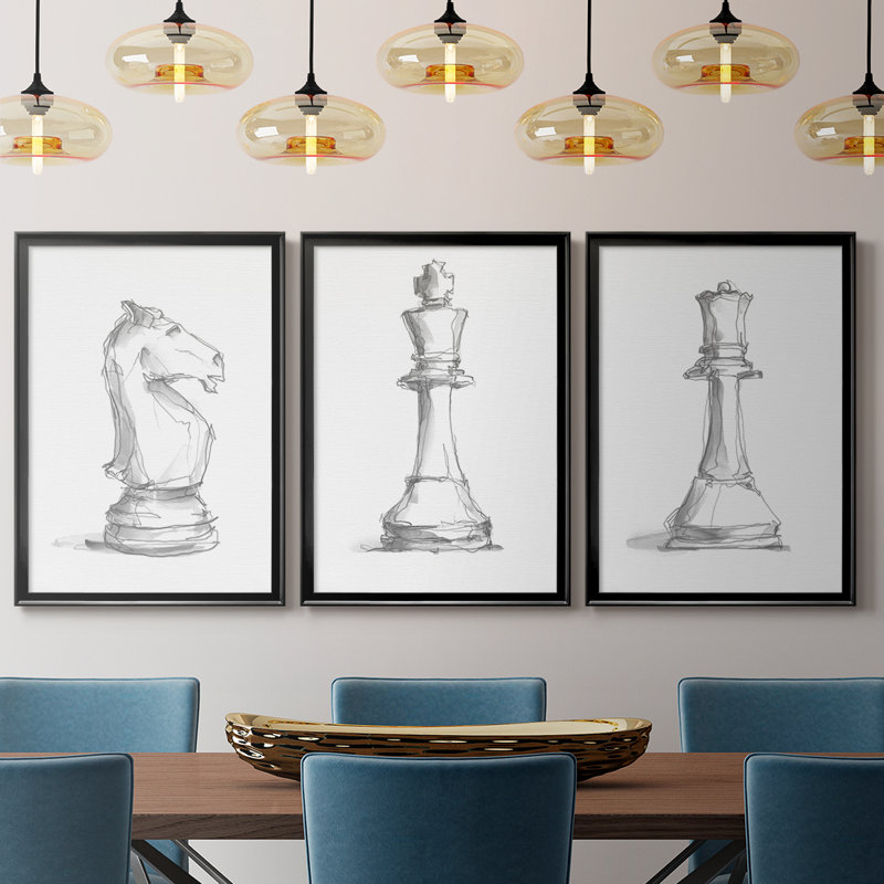 Chess Room Study I - Toile tendue avec châssis sur mesure - 3 pièces, Noir, noir, noir, noir, H 30 po x l 63 po