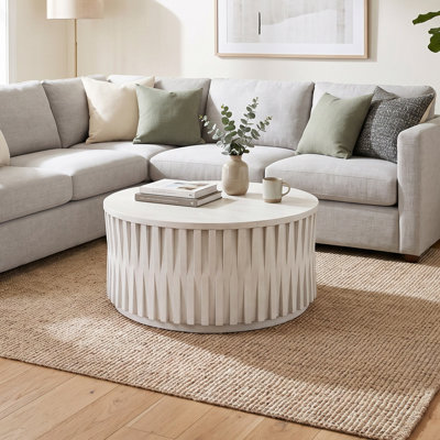 Elegant White 30" Round Mango Wood Coffee Table with Handcrafted Woven Slat Design