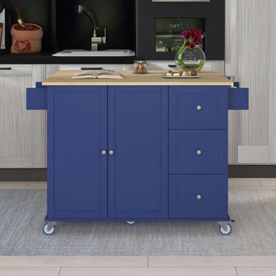 52.7" Solid Wood Drop-Leaf Countertop Kitchen Cart With Spice Rack, Towel Rack & Drawer