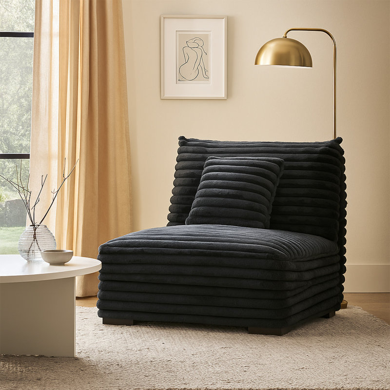 Fauteuil d'appoint sans accoudoirs Ezo, velours côtelé de polyester, rembourrage doux, Mélange de polyester gris foncé