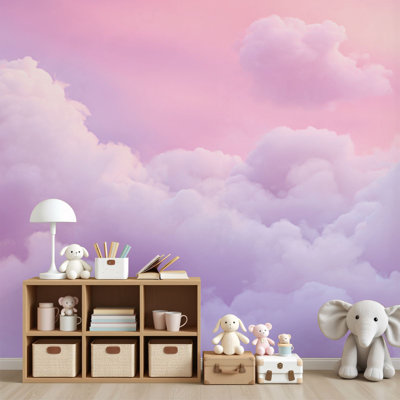 Peel and Stick Wallpaper Soft Pink Lavender Sky Fluffy Clouds Wall Murals 69"H x 96"W Removable PVC Wall Paper Self-Adhesive Wall Decor for Bedroom Living Room Home Office Nursery