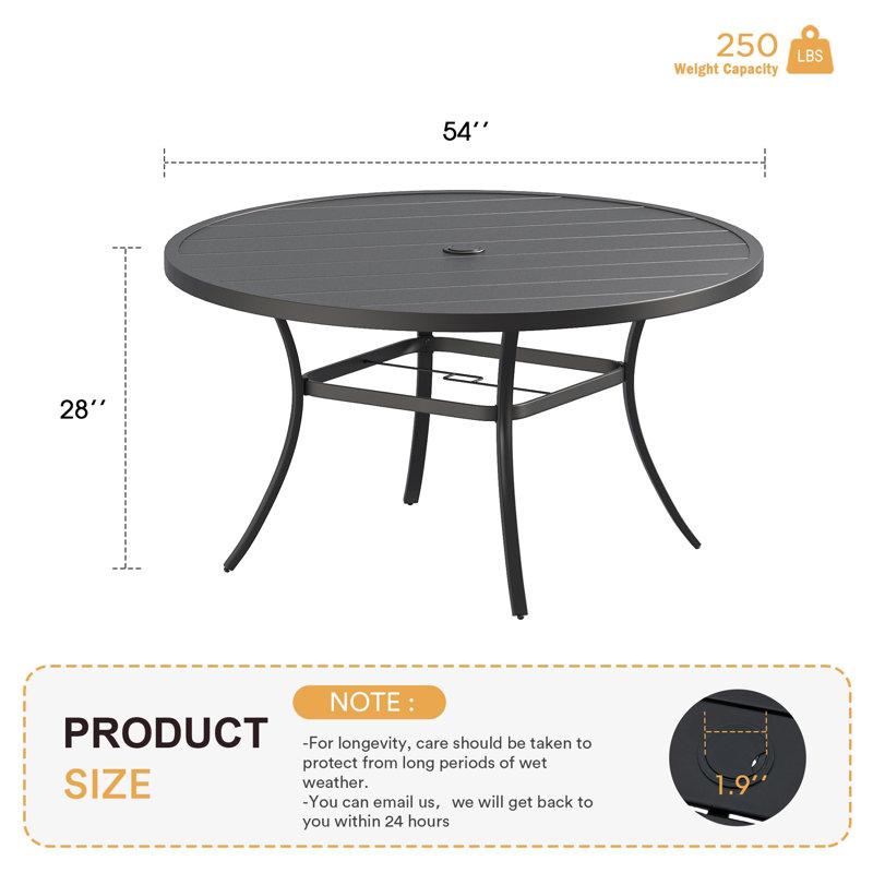 Kwynn Round Metal Outdoor Dining Table With Umbrella Hole , 54'' in. W 54'' in. D, Black