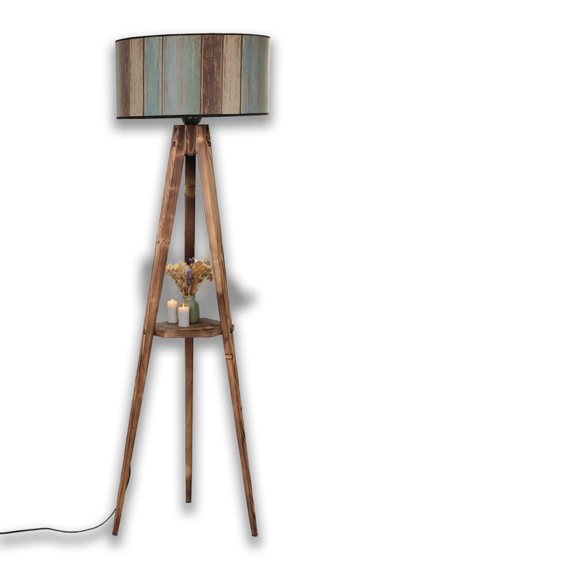 Lampe trépied corps en bois avec tablette en bois