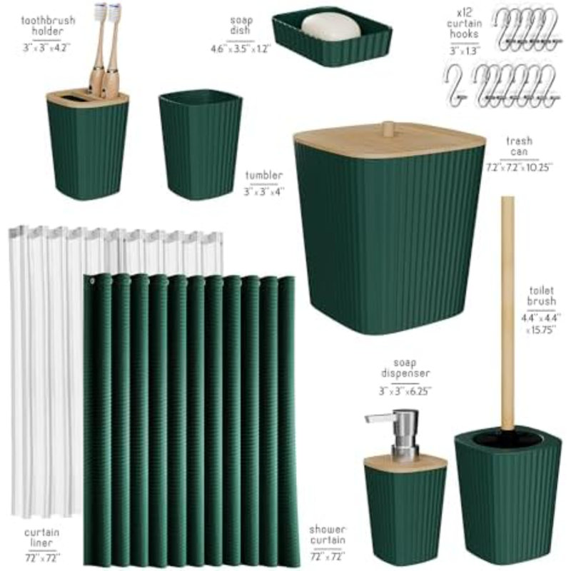Bathroom Accessories Set - Bathroom Set, Bathroom Accessory Set, Shower Curtain Set, Toilet Brush, Trash Can & Soap Dispenser - Green - 20PC