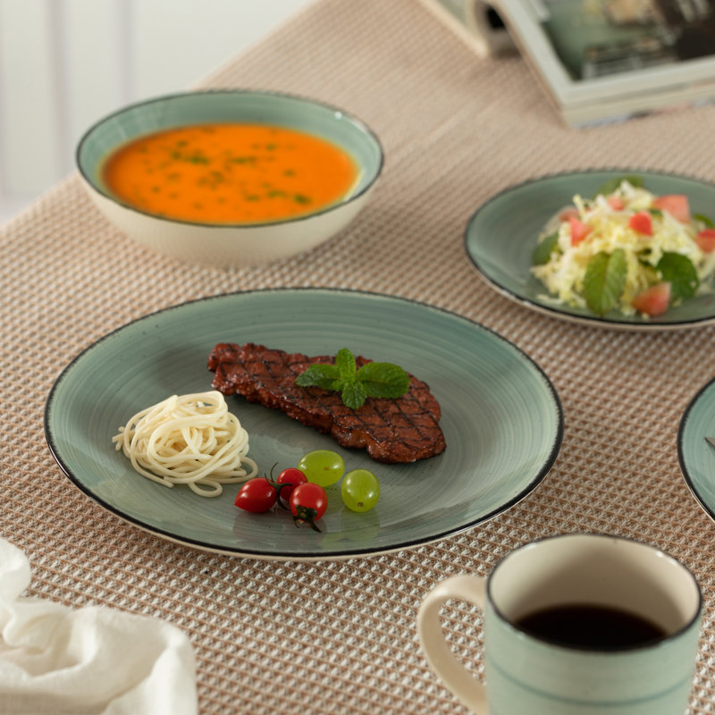 Service de vaisselle 32 pièces 32 pièces pour 8 personnes | Ensemble de grandes tasses, assiettes à salade et bols, plats très résistants aux ébréchures et aux fissures, va au lave-vaisselle et au micro-ondes, vert