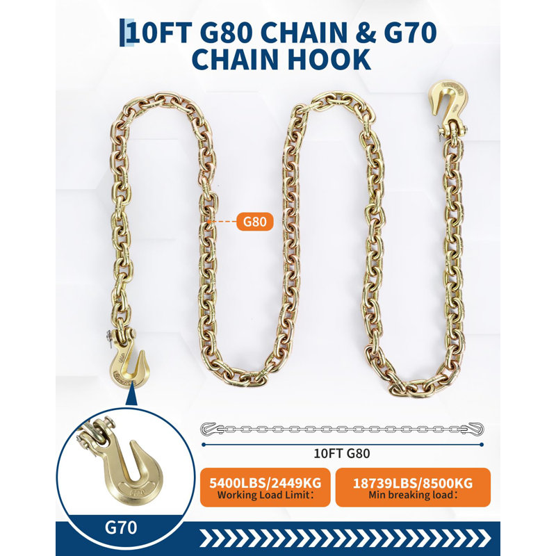 Ensemble de chaînes et tendeurs G80 – 2 jeux, tendeurs à cliquet 3/8"-1/2" avec chaînes en acier de 3 m, charge maximale d'utilisation de 4 173 kg – Conforme aux normes DOT pour le transport et le remorquage sur camion à plateau