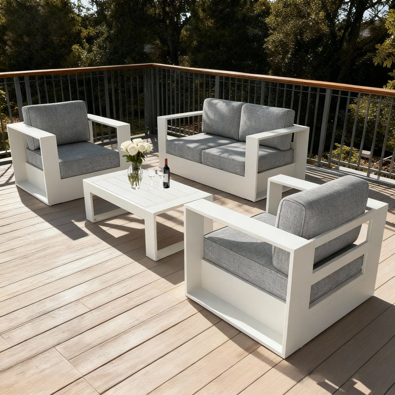 Ensemble de conversation moderne en aluminium 4 pièces avec table basse, Coussin gris / cadre gris clair