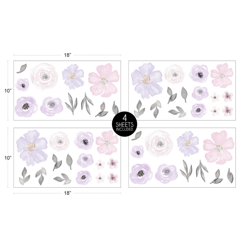 Lavender and Gray Watercolor Floral Nursery Wall Decal Set