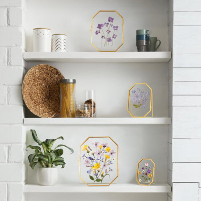 Glass Pressed Flower Frame Handmade, Metal Floating Picture Frame, Double Glass For Pressed Flowers Tabletop Display, Unique Brass Octagon, FRAME ONLY