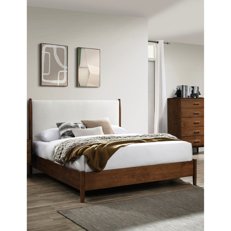 Tête de lit à panneau pleine grandeur noyer et beige en tissu bouclé de style Mid-Century moderne, structure en bois massif, pieds ronds fuselés, matelas non inclus avec lit à boucles, placage, tête de lit
