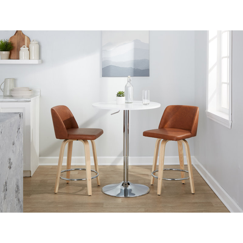 Thea 24" Fixed-Height Counter Stools with Bent Wood Legs & Round Footrest, Natural/Chrome, Camel Faux Leather