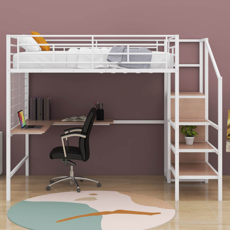  Metal Loft Bed With Desk,Metal Grid, Lateral Storage Ladder And Wardrobe, Twin, White