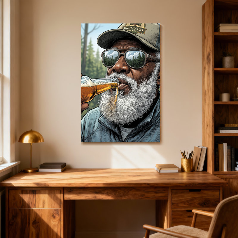 Homme à la mode buvant de la bière avec barbe et chapeau, H 24 po x l 16 po