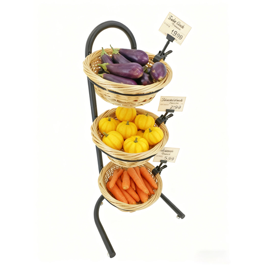 3 Tier Wicker Basket Metal Stand with Sign Clips, Market Basket Storage Organizer Bayou Breeze