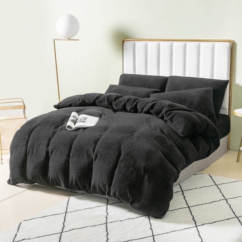 Teddy Fleece Duvet Cover set, Black, Single - 1 Standard Pillowcase