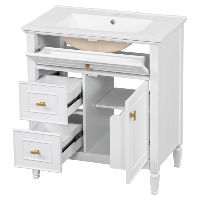 30" freestanding bathroom vanity with ceramic sink, White
