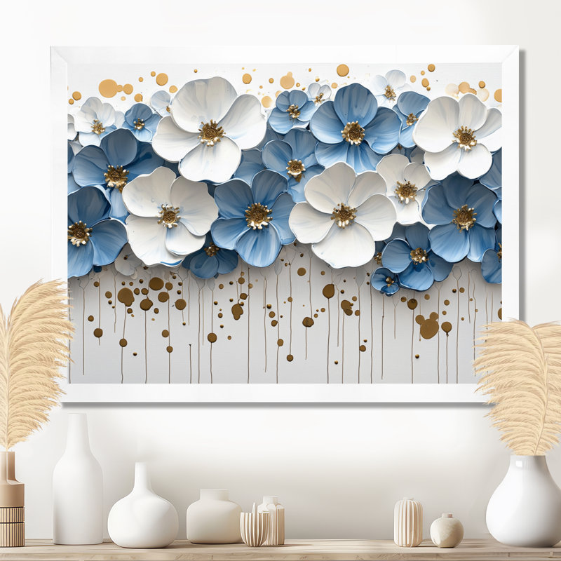 Ikramudeen Widlflowers, bleu, blanc, fleurs crémeuses dans la nature, H 30 po x l 40 po, Avec cadre, Blanc