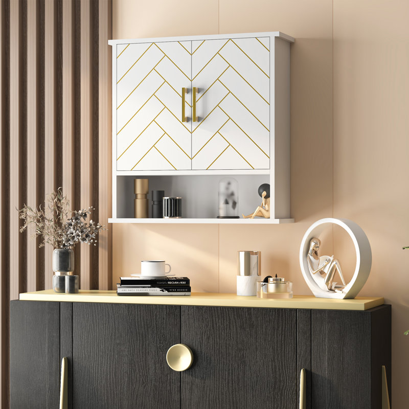 Wall Mounted Bathroom Medicine Cabinet With Open Shelves & Metal Handle, White