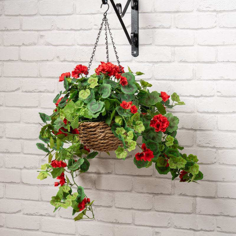 80cm Faux Geranium Hanging Basket, Red