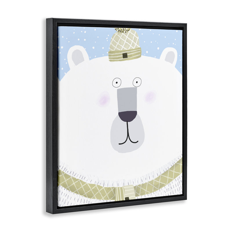 Ours polaire avec neige qui tombe, art mural encadré flottant, design par Carla Daly, H 21 po x l 17 po