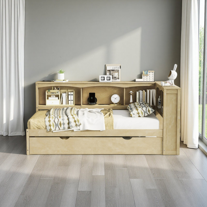 Lit de jour simple avec lit gigogne, armoires de rangement et ports USB, Bois