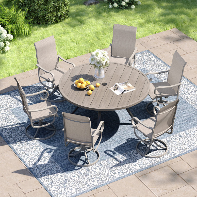 Patio dining set with 53" Round Dining Table and 6 PVC-coated polyester Swivel Chairs, Brush Wood Gray/Sandshell