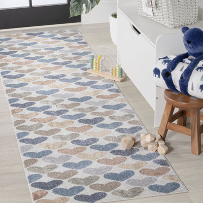 Dila Modern Hearts Geometric Machine-Washable Ivory/Blue/Orange Rug