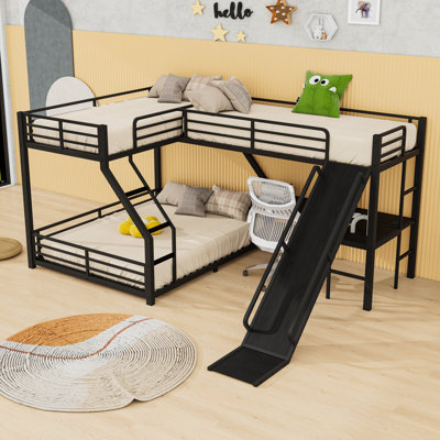Lit superposé en métal avec glissade et ports USB, bureau, échelles