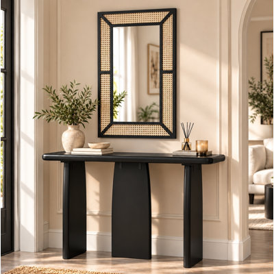 2-Piece Black Console Table and Rattan Wall Mirror Set