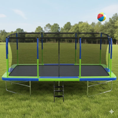 Ensemble de trampoline 10 x 17 pieds en bleu et vert, comprend les composants A, B, C et D.