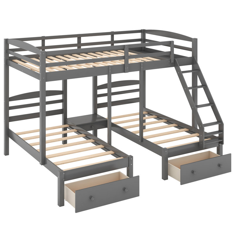 Full Over Twin & Twin Bunk Bed,Triple Bunk Bed With Drawers, Gray