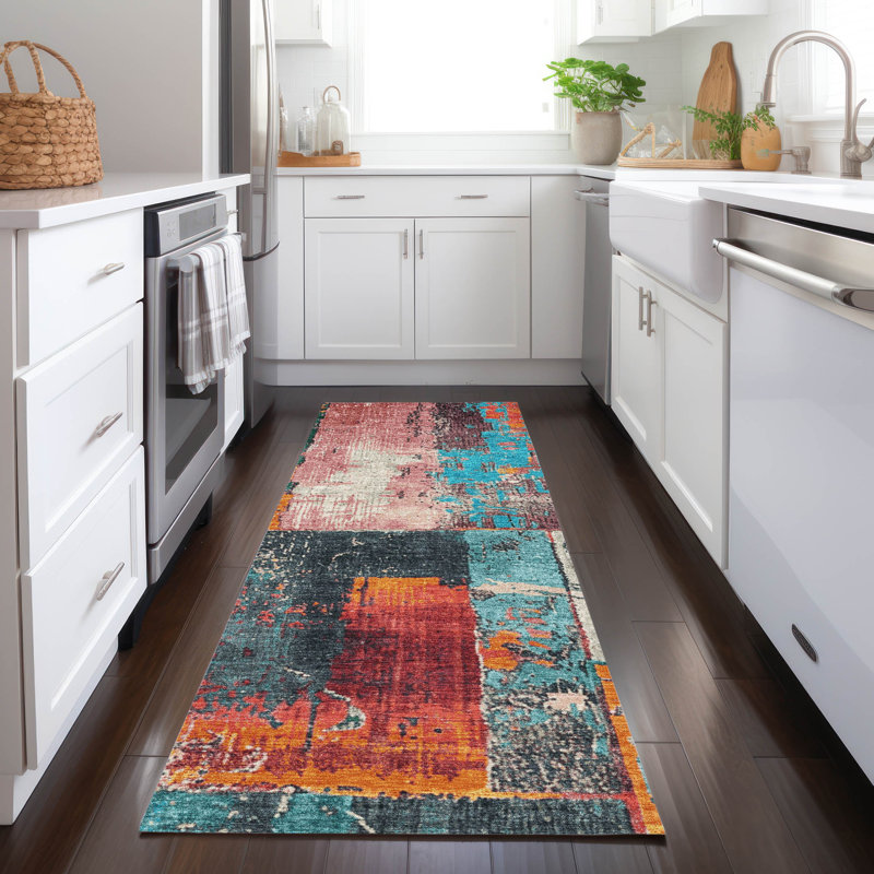 Tapis bleu sarcelle lavable à la machine intérieur / extérieur Xhevrie, Tapis de couloir 2 pi 3 po x 7 pi 6 po 